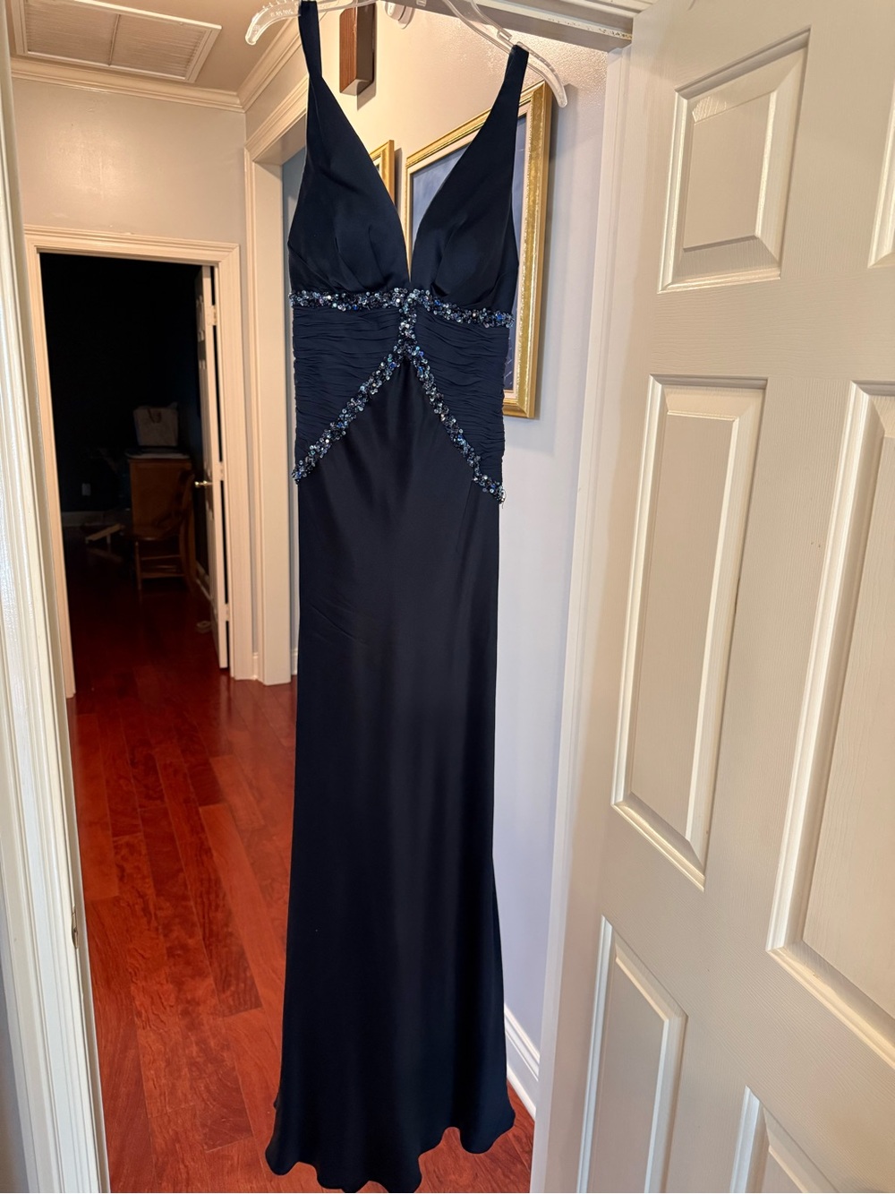 Elegant Navy Beaded V-Neck Evening Gown